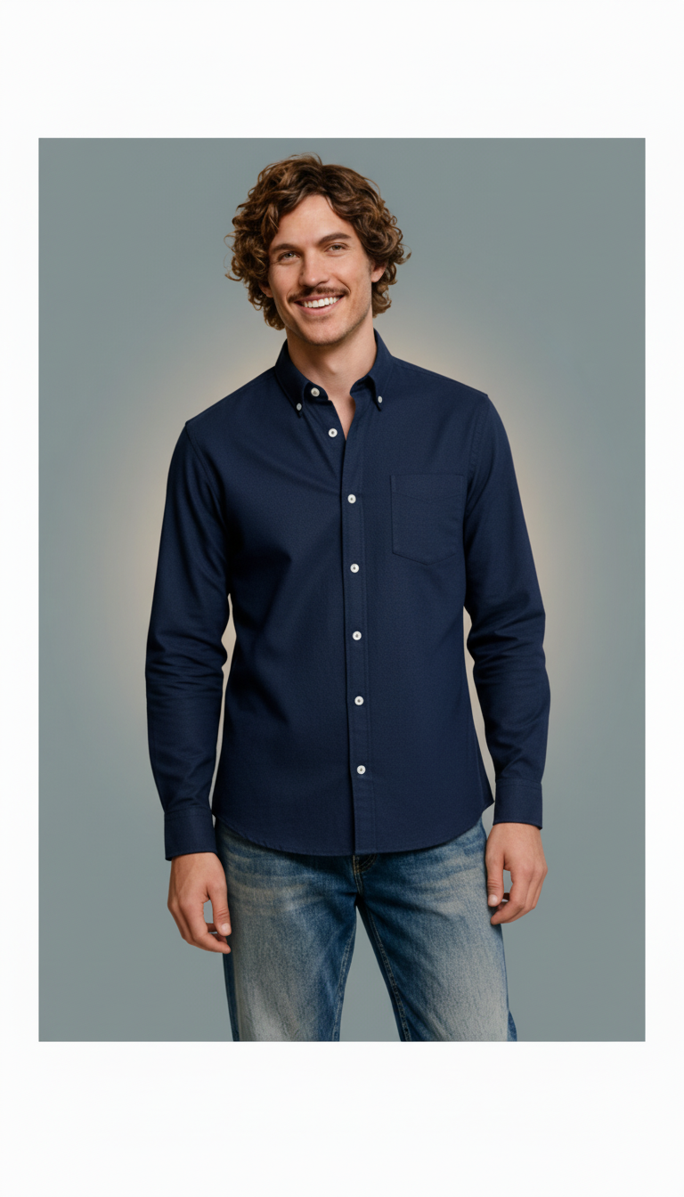 Man wearing a navy button-up shirt and jeans 