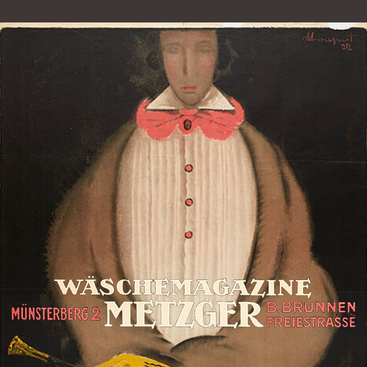 Vintage-style advertisement for Wäschemagazine Meitzger with a stylized portrait of a person wearing a coat and red collar.