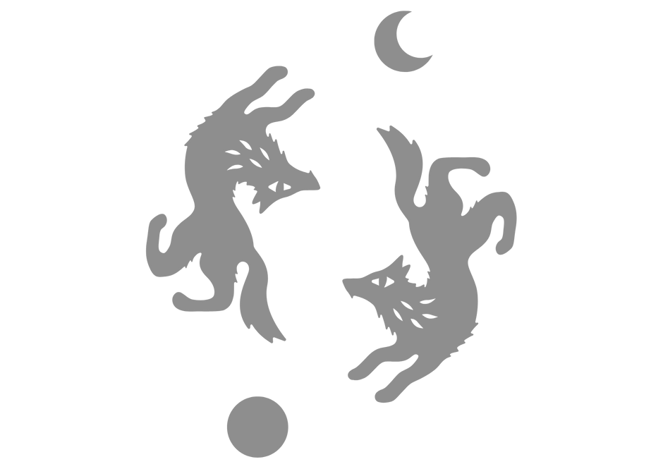 Two stylized wolf shapes with a moon and ball on a white background